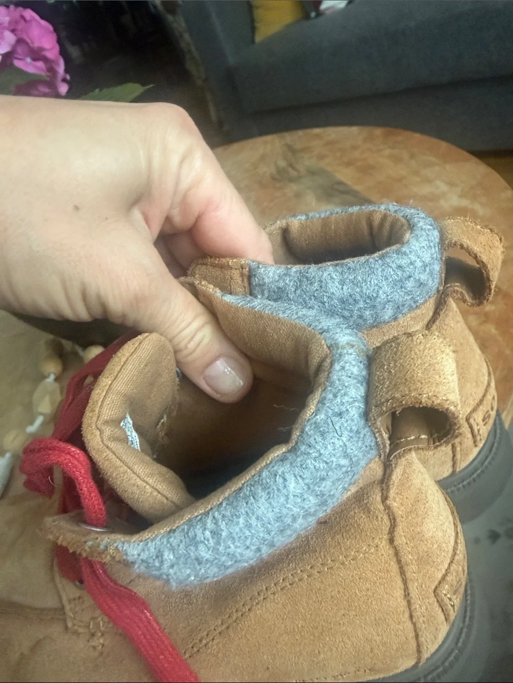 Sorel Tan Suede Ankle Boots with Red Laces